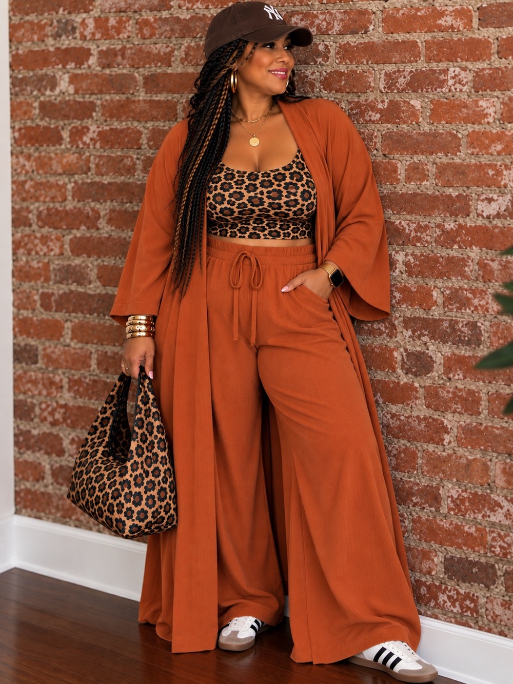 Fashion Nova Rust Wide-Leg Lounge Set with Leopard Crop Top
